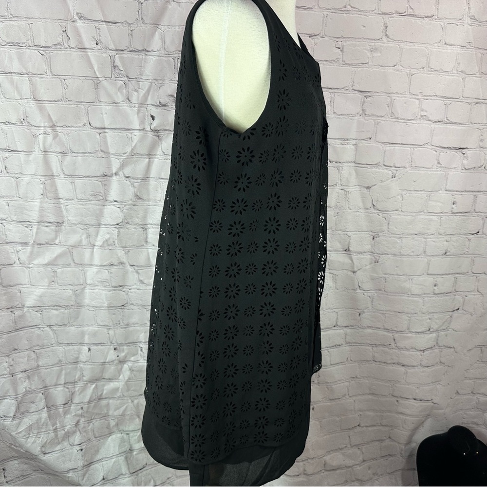 Neiman Marcus Black Eyelet layered shift Dress sz L sleeveless minimalist - Picture 2 of 9